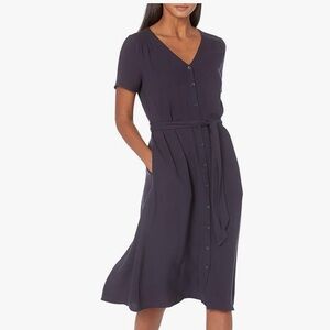 Amazon Essentials Women's Short-Sleeve Navy Midi Button Front Tie Dress